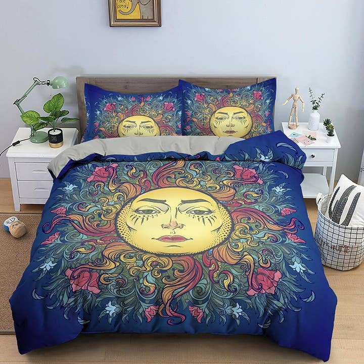 Astrology Sun - Juego de ropa de cama estilo bohemio, color azul marino, regalo del zodiaco, juego de funda nórdica, estético, king, queen, doble, individual para venta al por mayor de daintyduvet