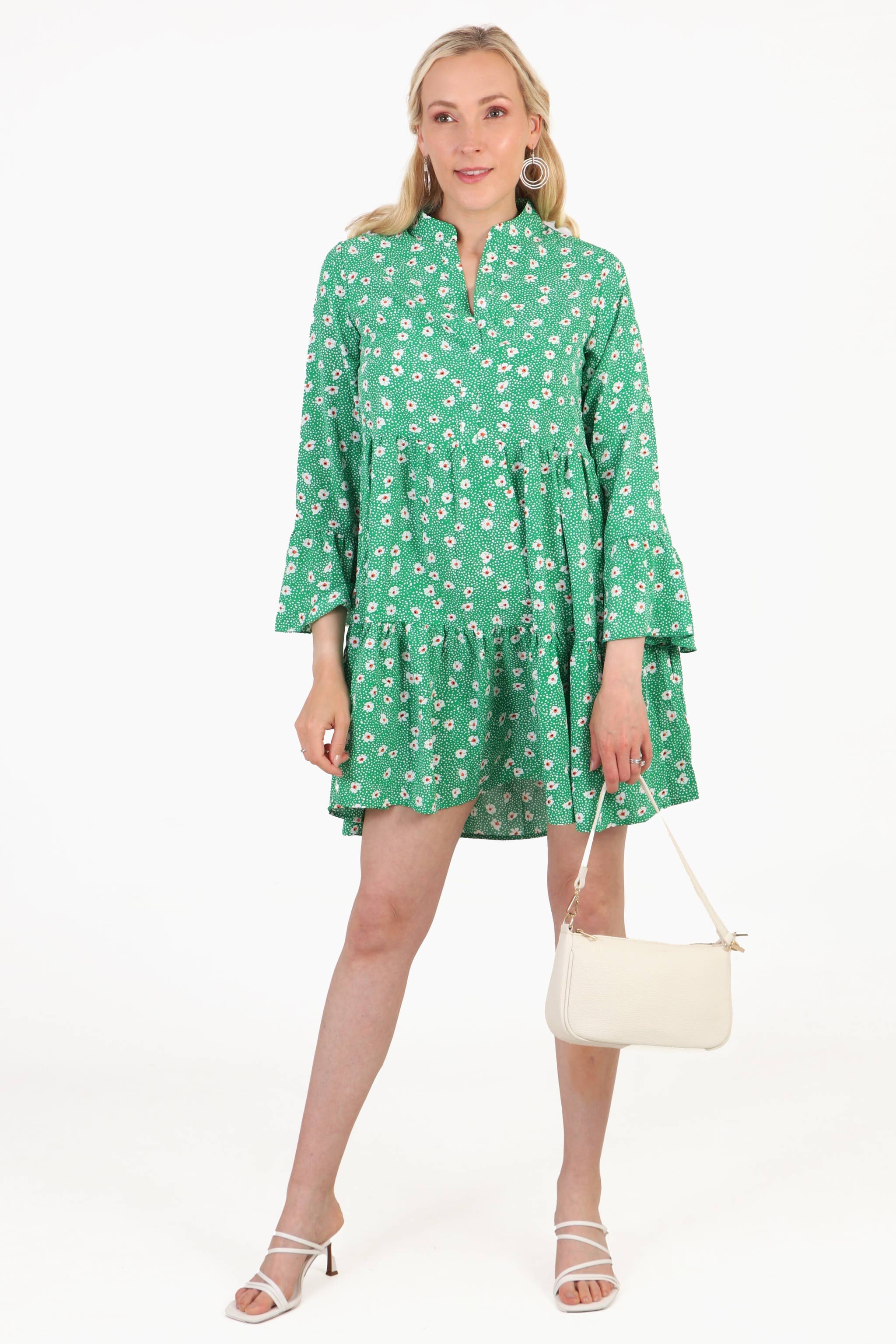 Sarta - Wholesale Dress - Women's - Daisy and Spot Print Mini Tiered Dress in Green0
