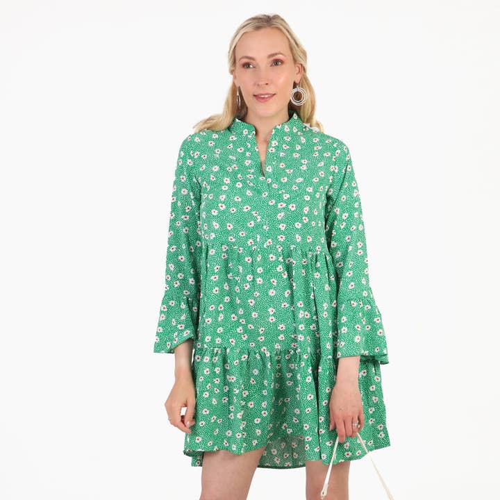 Daisy and Spot Print Mini Tiered Dress in Green for wholesale by Sarta