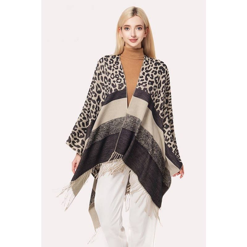 Love and Repeat - Vente Poncho – femme - Poncho à franges à blocs de couleur léopard0