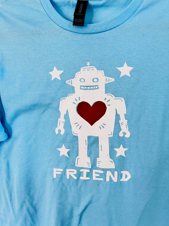 ROBOT FRIEND - 2-color screen print T-shirt Unisex Softstyle all cotton for wholesale by Pixel Palmer