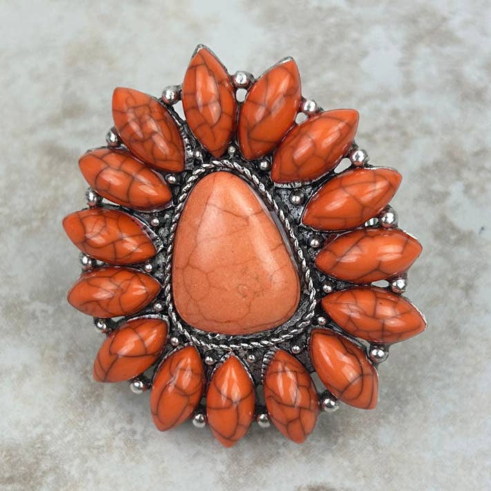 RGY220430-01-ORANGE Silver with orange stone concho stretch Ring for wholesale by Western Elite Jewelry