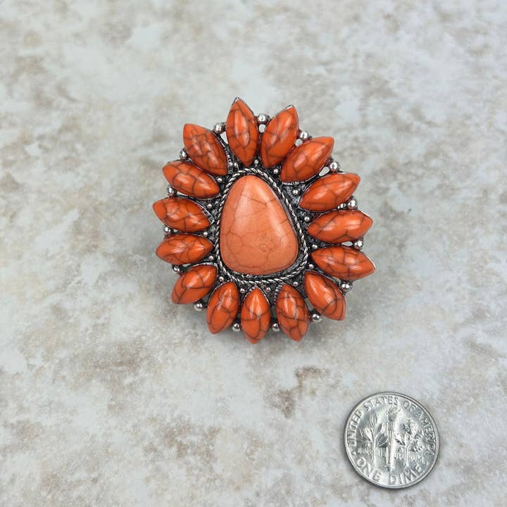 Western Elite Jewelry - Wholesale Cocktail/Statement Ring - RGY220430-01-ORANGE Silver with orange stone concho stretch Ring