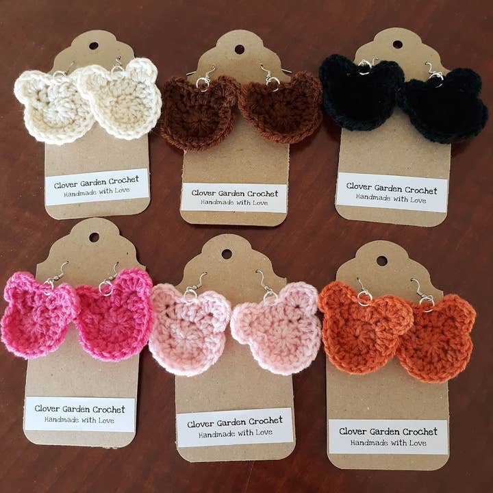 Crochet Bear or Mouse Head Drop Earrings for wholesale by Clover Garden Crafts