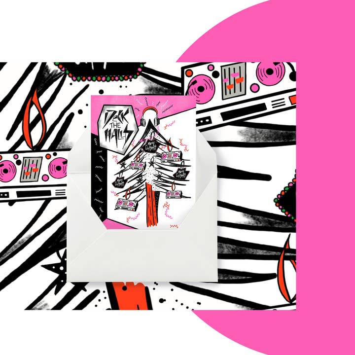 Deck The Halls - DJ Decks Christmas Tree. A6 Christmas Card for wholesale by Kiki Gunn