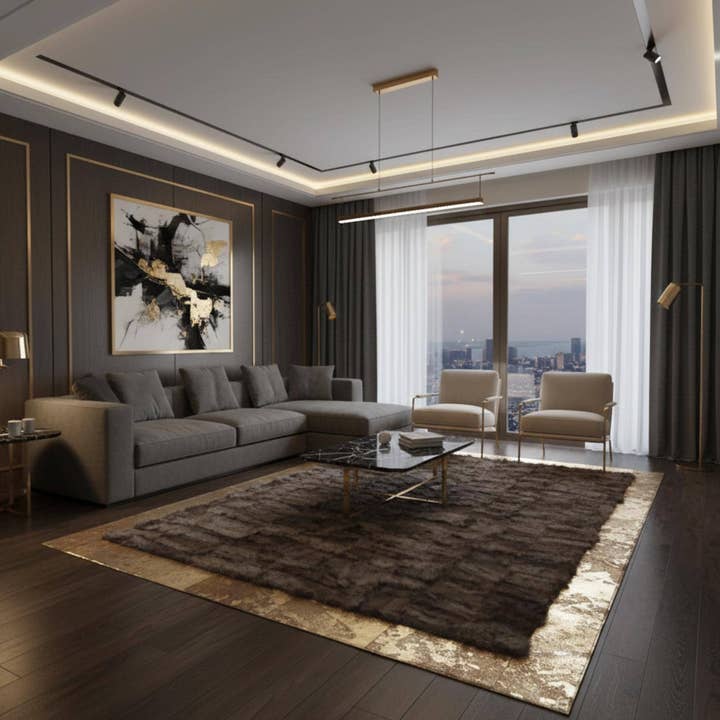 Brown and Gold Rug, Tuscan Style Area Rug, Chocolate Plush Living Room Carpet, Luxury Bedroom Decor, Soft Faux Fur Floor Mat, Gold Border for wholesale by Karelias And Sons