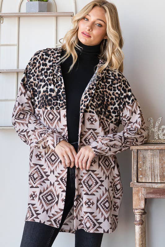 BROWN TAUPE EJ6720-15 AZTEC AND ANIMAL LEOPARD BUTTON DOWN SHACKET for wholesale on Faire14