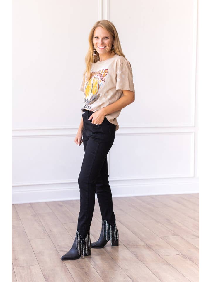 Denim Blue Black Skinny Jeans with Rhinestone Fringe Detail for wholesale on Faire