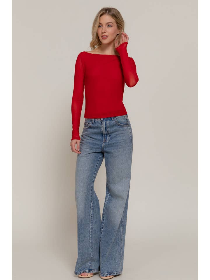 Active Basic | Active USA - Wholesale Knit Top - Women's - Long Sleeve Boat Neck Double Layer Mesh Top11