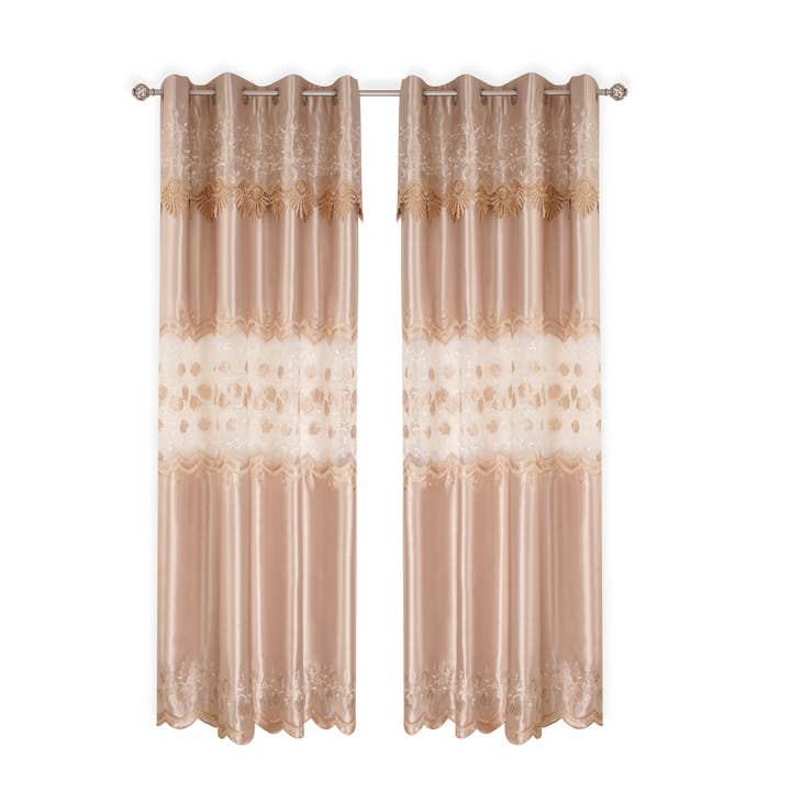 Monica Embroidery Sheer Satin Panel with Attached Valance for wholesale by Floris Linens
