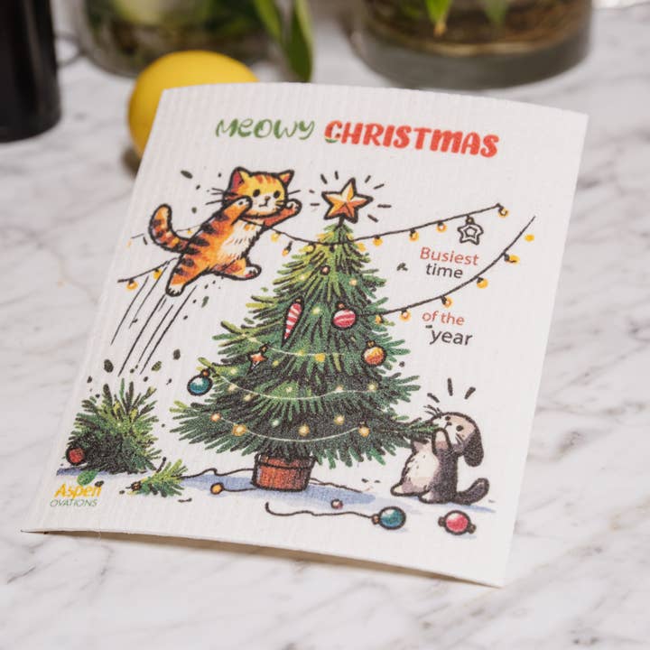 AspenOvations - Wholesale Dishcloth - Christmas Tree Cats Swedish Dishcloth Eco-Friendly 1