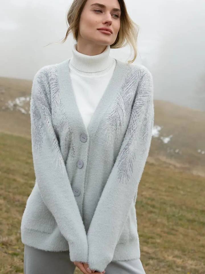 V-Neck Relaxed Cardigan from fluffy yarn Feathers for wholesale by Nenya Fashion Limited