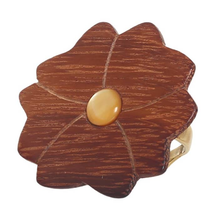 SON JARDIN anello regolabile fiore legno e madreperla per la vendita all'ingrosso da parte di Nature Bijoux