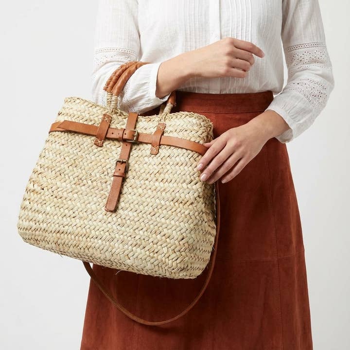 Woven Straw Market Basket Bag Leather Crossbody Tote for wholesale by Melecraft