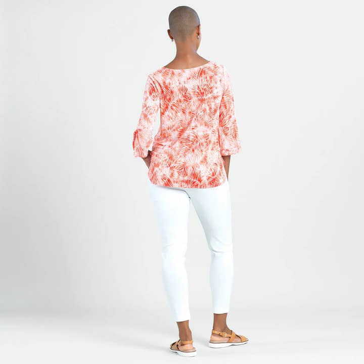 CORAL WHITE T16P10 - Light Knit - Tie Cuff Top - Palm Branch-Coral for wholesale on Faire