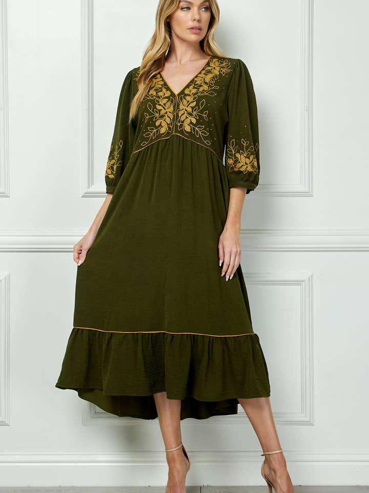 ARMY PIPED FRONT TIERED DRESS WITH EMBROIDERY for wholesale on Faire1