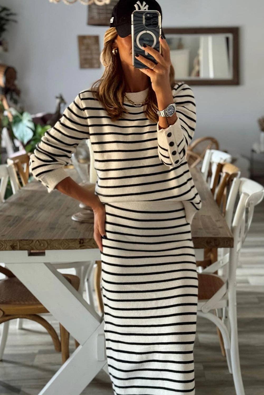 Black Stripe Ribbed Trim Button Cuff Long Sleeve Top Midi Skirt 2pcs Outfit for wholesale on Faire1
