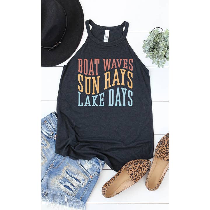 Kissed Apparel - Wholesale Tank Top - Women's - Boat Waves Sun Rays and Lake Days Graphic Mock Tank