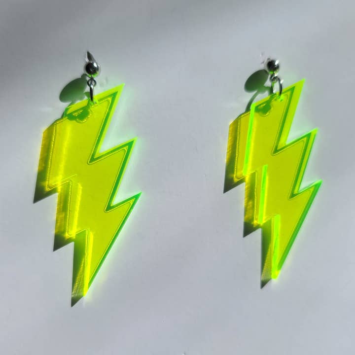 Lightning Bolts on Neon Green Acrylic - Earrings - Laser Cut for wholesale by Mini Kitty Designs