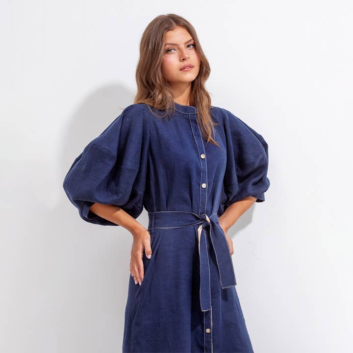 Maria la Paz - Wholesale Dress - Women's - GERALD DRESS BLUE AND BEIGE LINEN2
