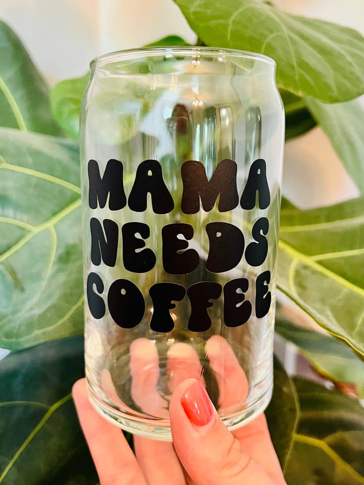 Mama Needs Coffee Beer Can Style Glass for wholesale by Salty Spouse Glassware