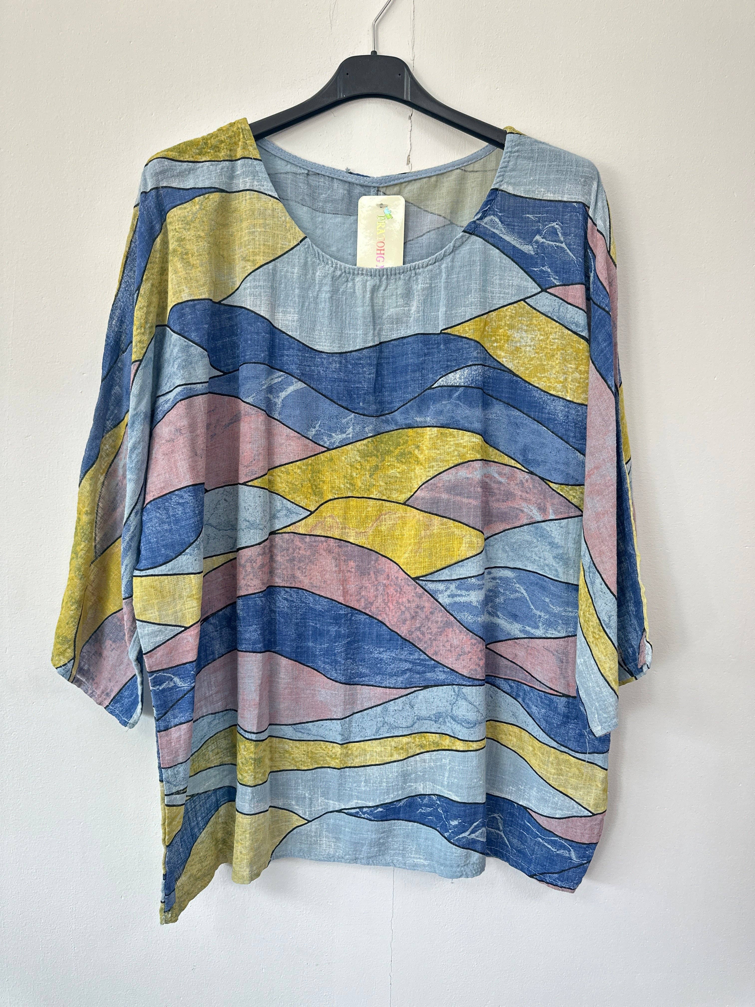 Miss Bold - Wholesale Blouse - Women's - Italian Abstract Print Oversized Linen Blend Top with 3by4 Sleeves12