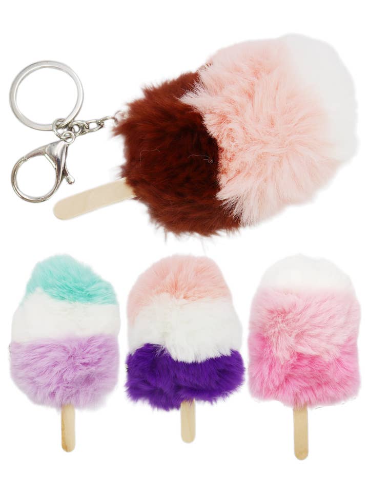 Colorful Fuzzy Popsicle Stick Faux Fur Key Chain - 12 pcs for wholesale by Cap Zone
