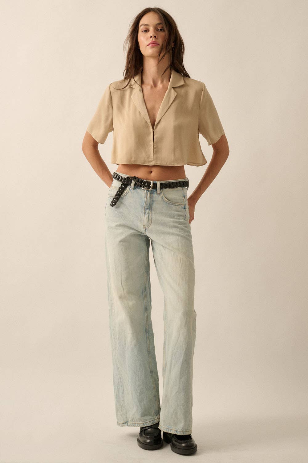 Promesa USA - Wholesale Button Down Shirt - Women's - Cropped Lapel-Collar V-Neck Short-Sleeve Shirt12