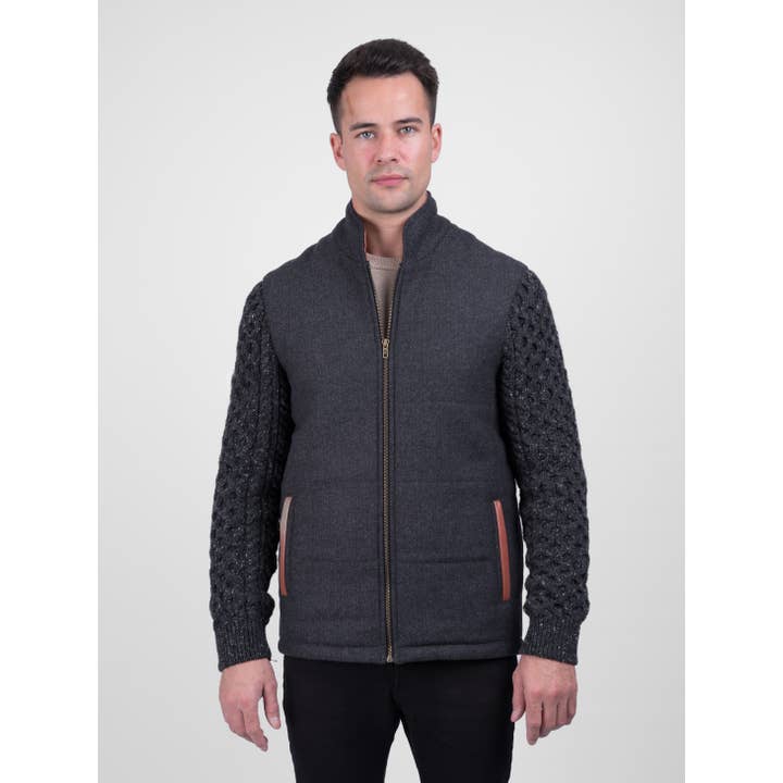 Grey Shackleton Jacket with Charcoal Cable Knit Sleeve for wholesale by Celtic Tweed