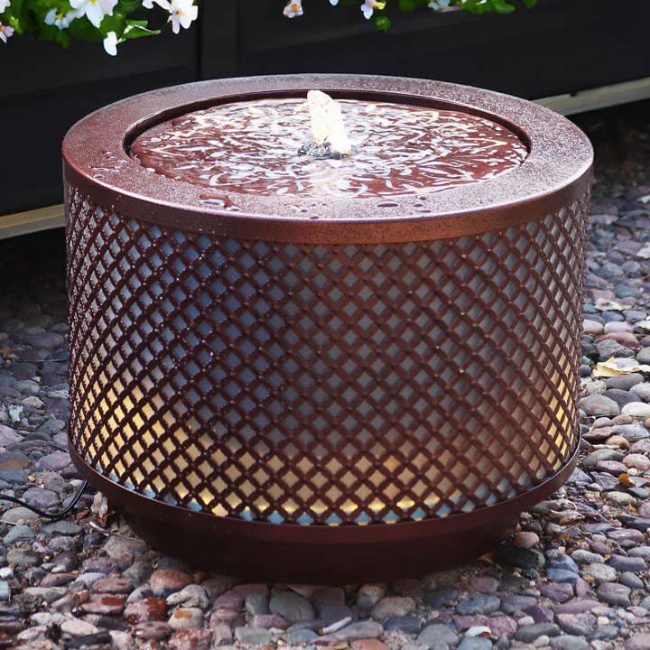 Repeating Diamond Cylinder Iron Water Fountain with Lights for wholesale by Sunnydaze Decor