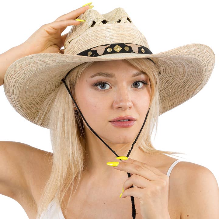 Cap Zone - Wholesale Cowboy Hat - Women's - Vented Gus Retro Palm Straw Cowboy Hat