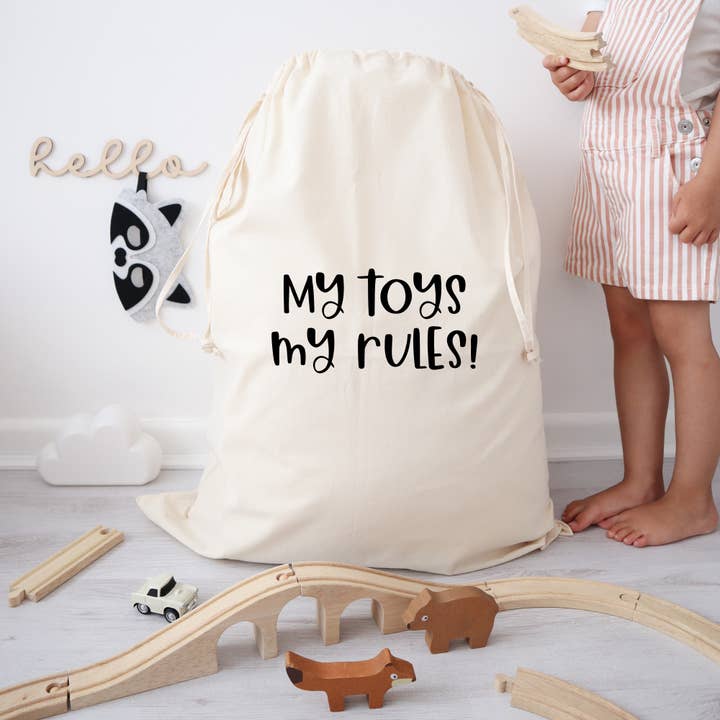 My toys my rules Large cotton toy storage bag for wholesale by Word Up Creative