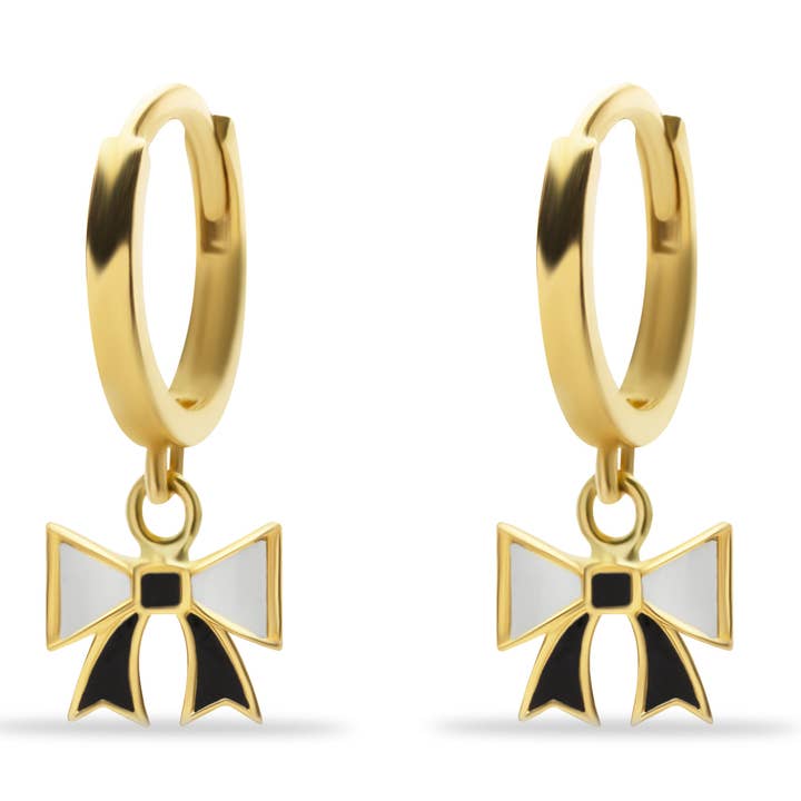 Créoles pendantes avec nœud en émail noir et blanc pour la vente par Sestra Jewelry