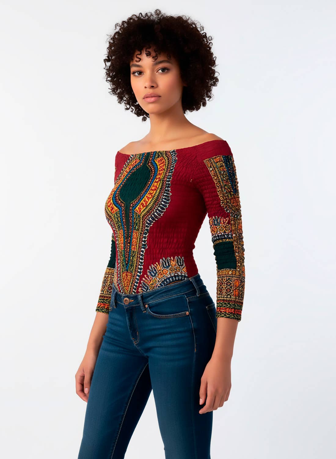 SUESES - Wholesale Bodysuit - Women's - Stretch fabric bodysuit with Dashiki Wine print.1