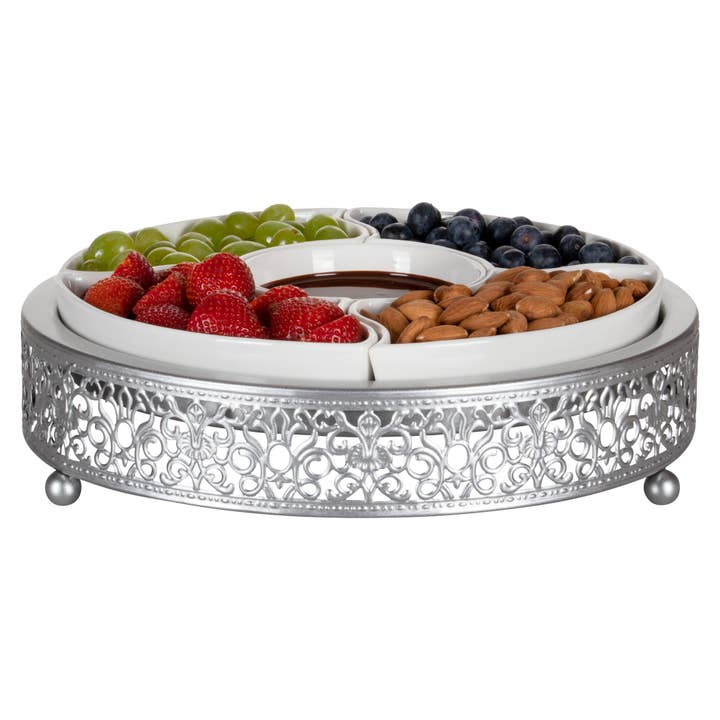 Amalfi Decor - Wholesale Serving Tray - Round Serving Tray with 5 Ceramic Dishes - Silver3