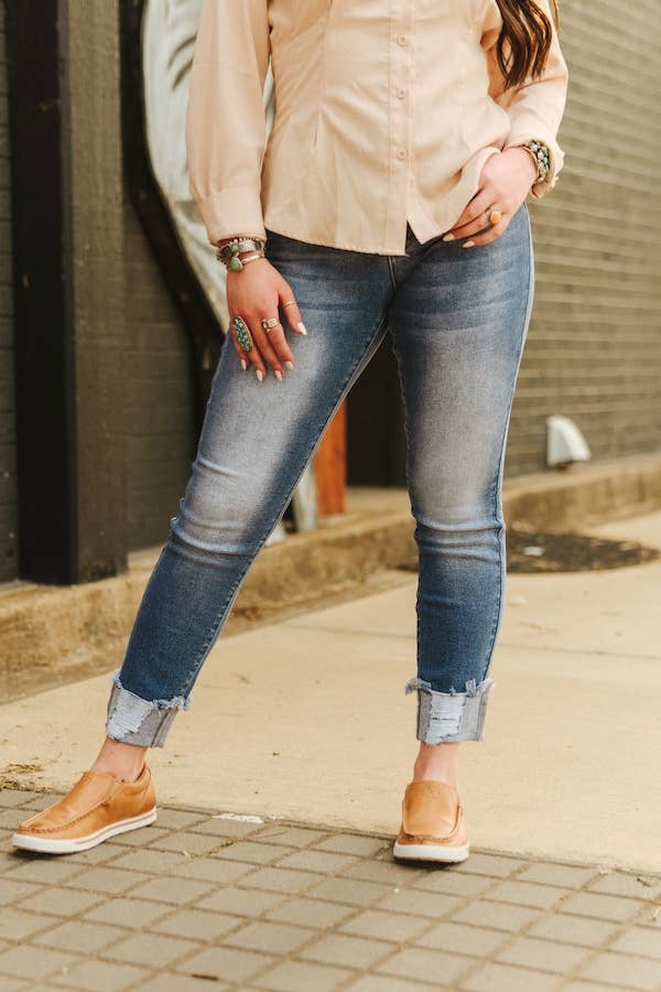 LUCKY & BLESSED - Wholesale Jeans – Women’s - Mid Wash Mid Rise Distressed Cuffed Hem Skinny Jeans