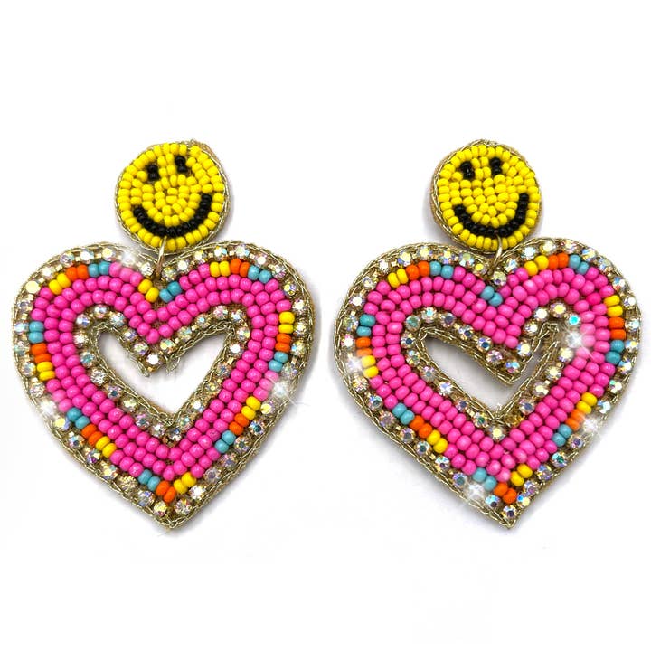 Boucles d'oreilles pendantes en strass en forme de cœur multicolore et de smiley jaune pour la vente par Lunar Deer