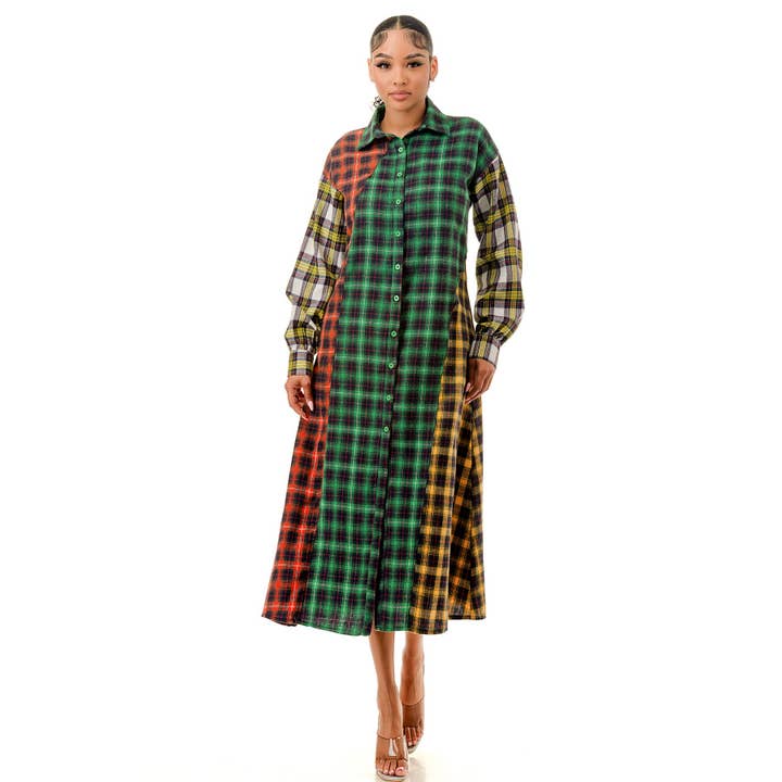 Vestido camisero a cuadros con cierre de botones y retazos para venta al por mayor de omgstyles