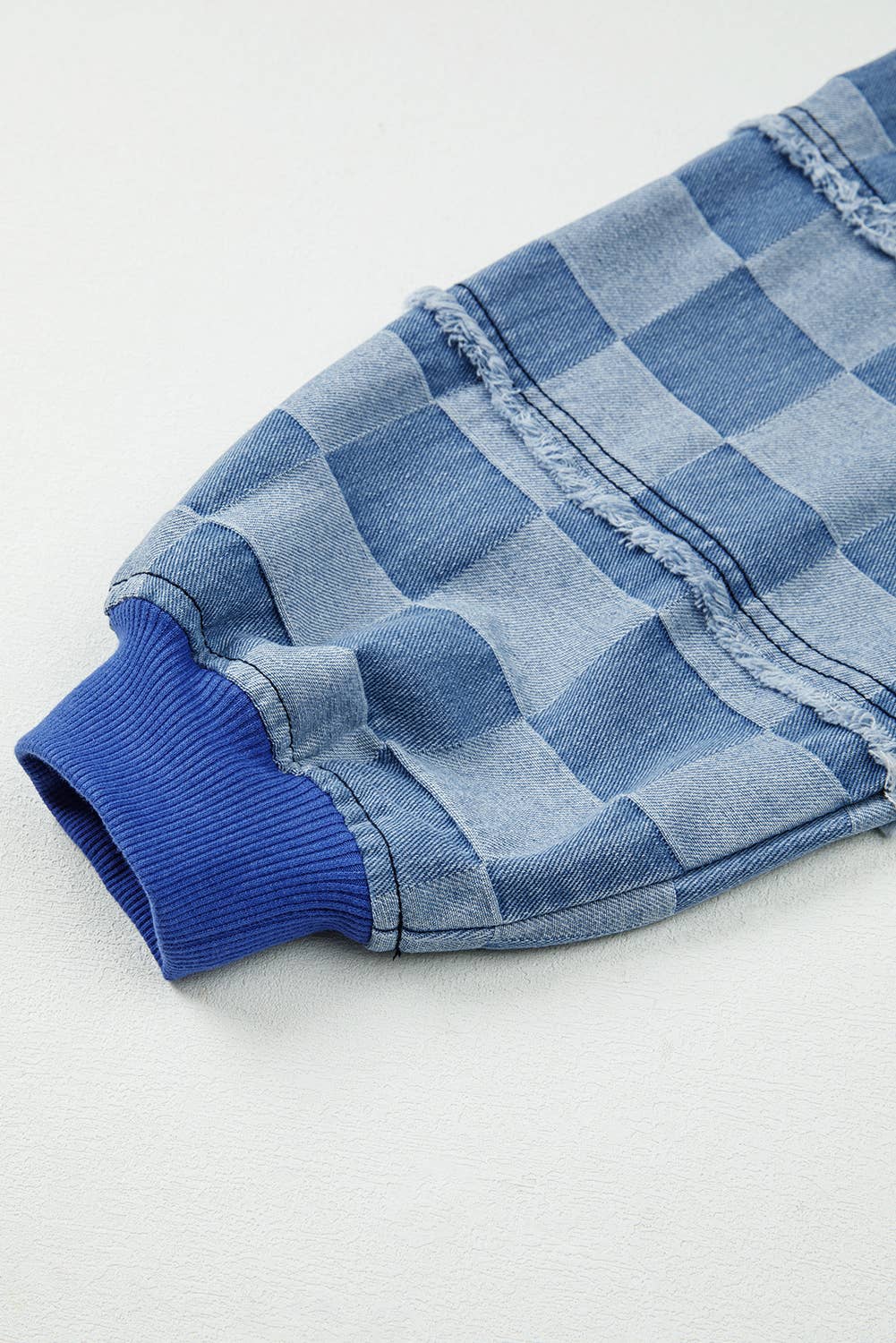 Blue Checkerboard Splicing Raw Detail Oversized Denim Pullover for wholesale on Faire6