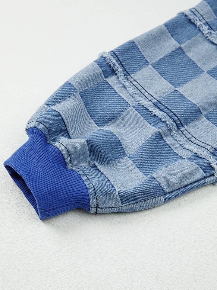 Blue Checkerboard Splicing Raw Detail Oversized Denim Pullover for wholesale on Faire6