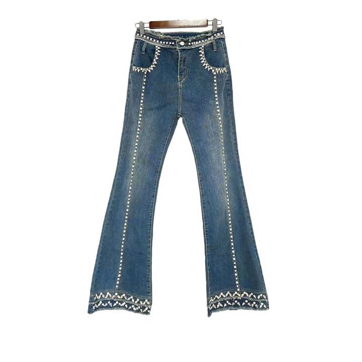 BLUE Rhinestones embellished front jeans for wholesale on Faire
