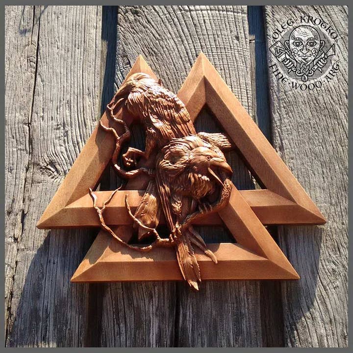 HUGIN & MUNIN on the WALKNUT. Gorgeous piece of Norse art. for wholesale by Forged In Wood