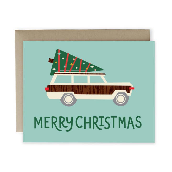 Woodie Wagon Merry Christmas Card for wholesale by Hideaway House Studio