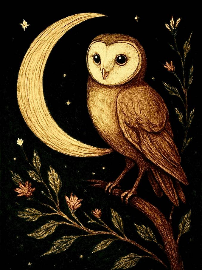 Wenskaart, nachtuil met maan voor wholesale door Thistle and Tale Press