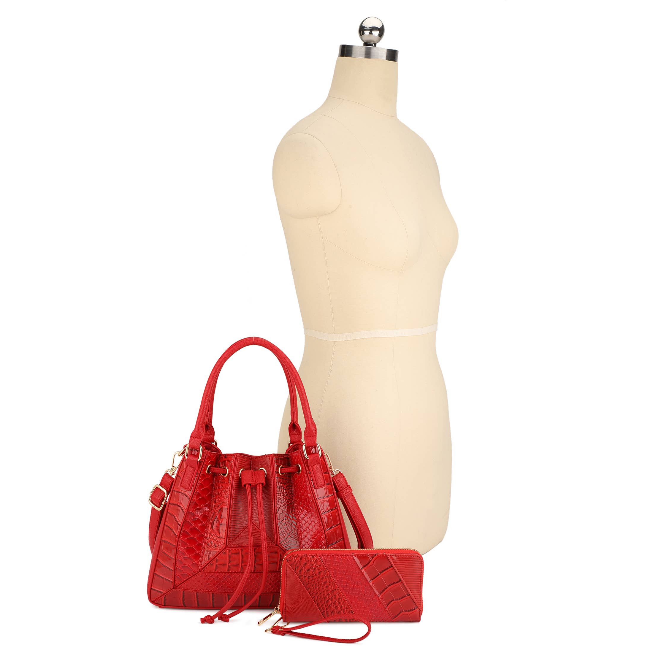 Black ROWENA PATCHWORK BUCKET BAG SET WITH WALLET for wholesale on Faire16