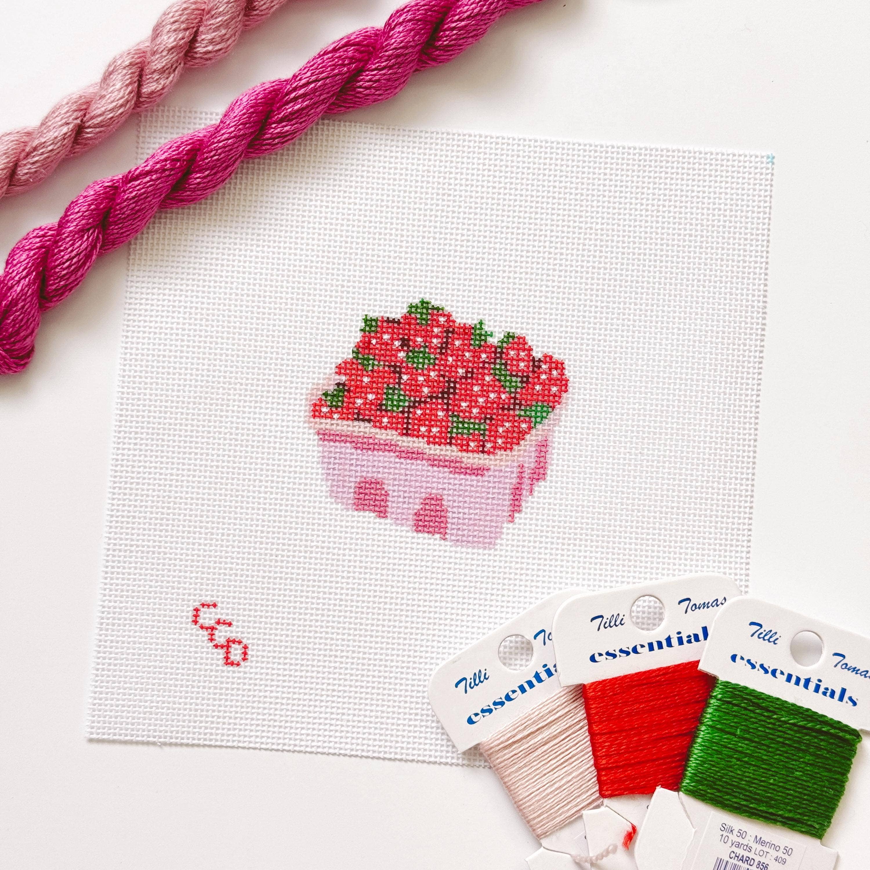 Cotswold Co Designs - Wholesale Embroidery/Cross Stitch Supplies - Strawberry Basket Needlepoint Canvas 18 Mesh 4” Design, Summer Strawberries Needlepoint Canvas modern Hand Painted4