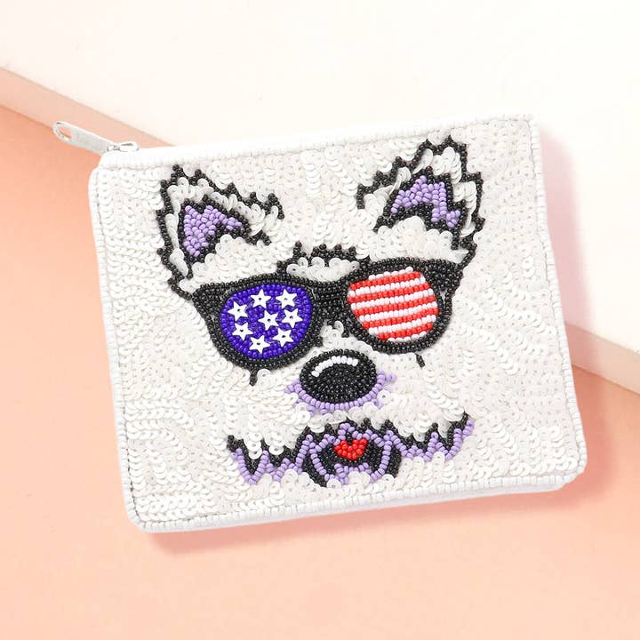 Sequin Beaded American USA Puppy Seed Beaded Mini Pouch Bag for wholesale by Sensibling Corp.