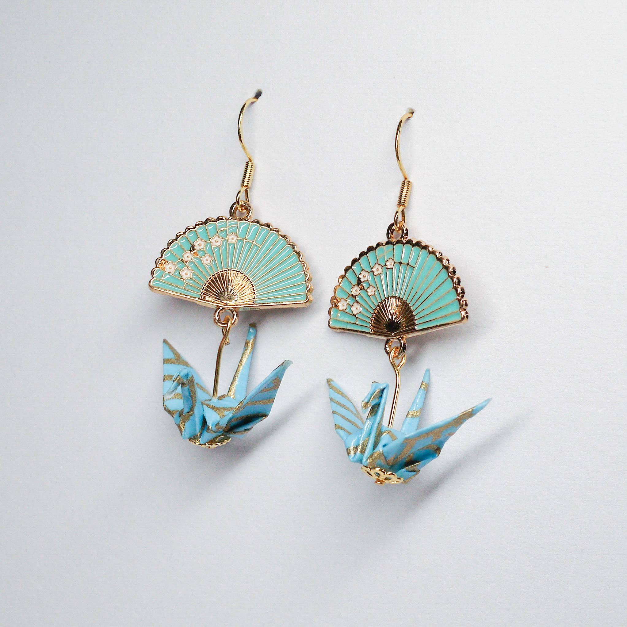 Kamyi.Art Origami Designs - Wholesale Dangle Earrings - Origami Crane and Fan Gold Earrings - Seawave on Teal