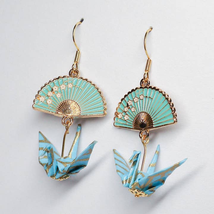 Kamyi.Art Origami Designs - Wholesale Dangle Earrings - Origami Crane and Fan Gold Earrings - Seawave on Teal0