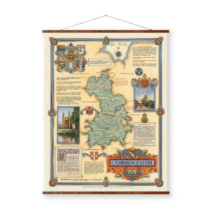 Cambridgeshire Vintage City Map on Ready to Hang Roll Down Canvas Decorative Antique Wall Decor Map Scroll of England for wholesale by Maps Vintage